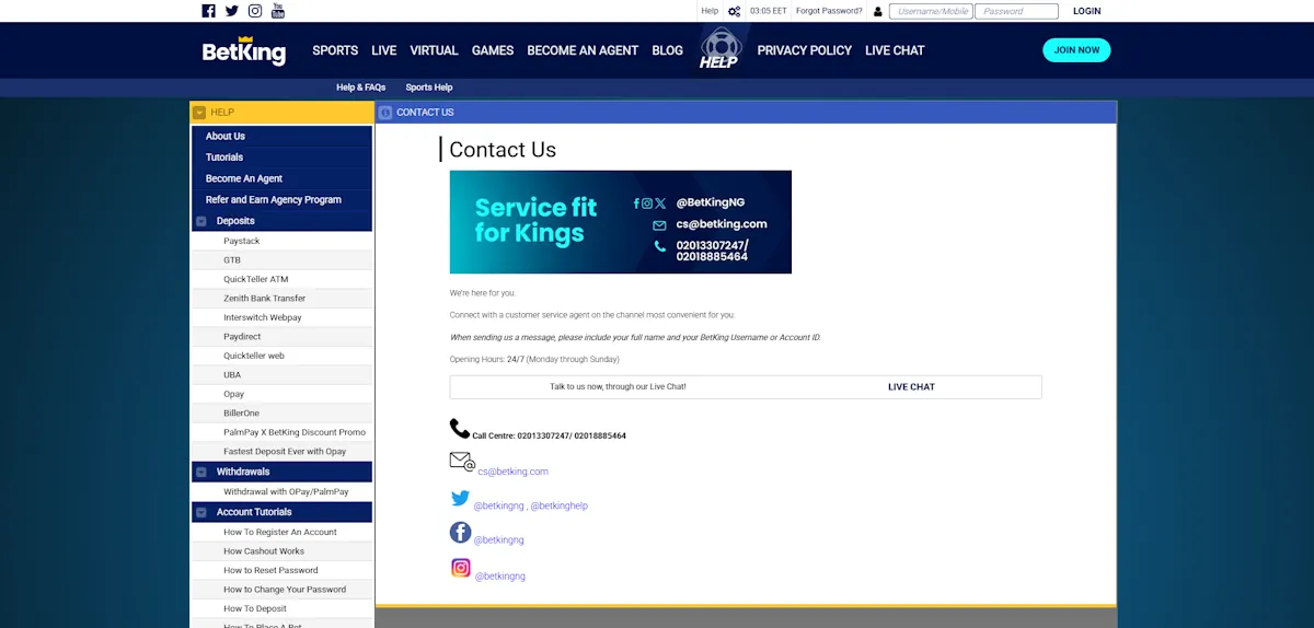 BetKing Contact Us Screenshot